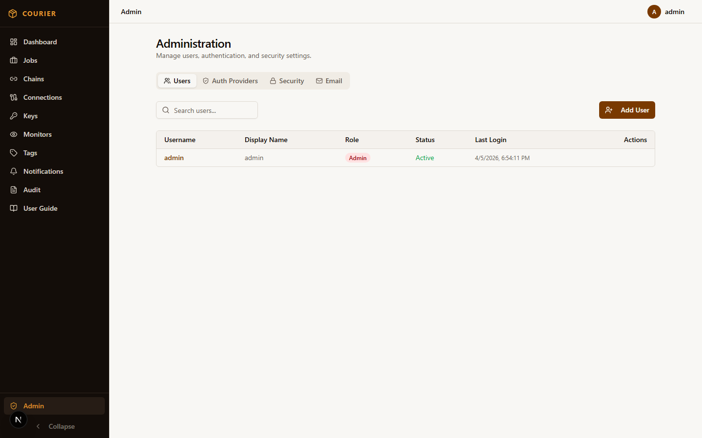 User management interface with role assignments and account status