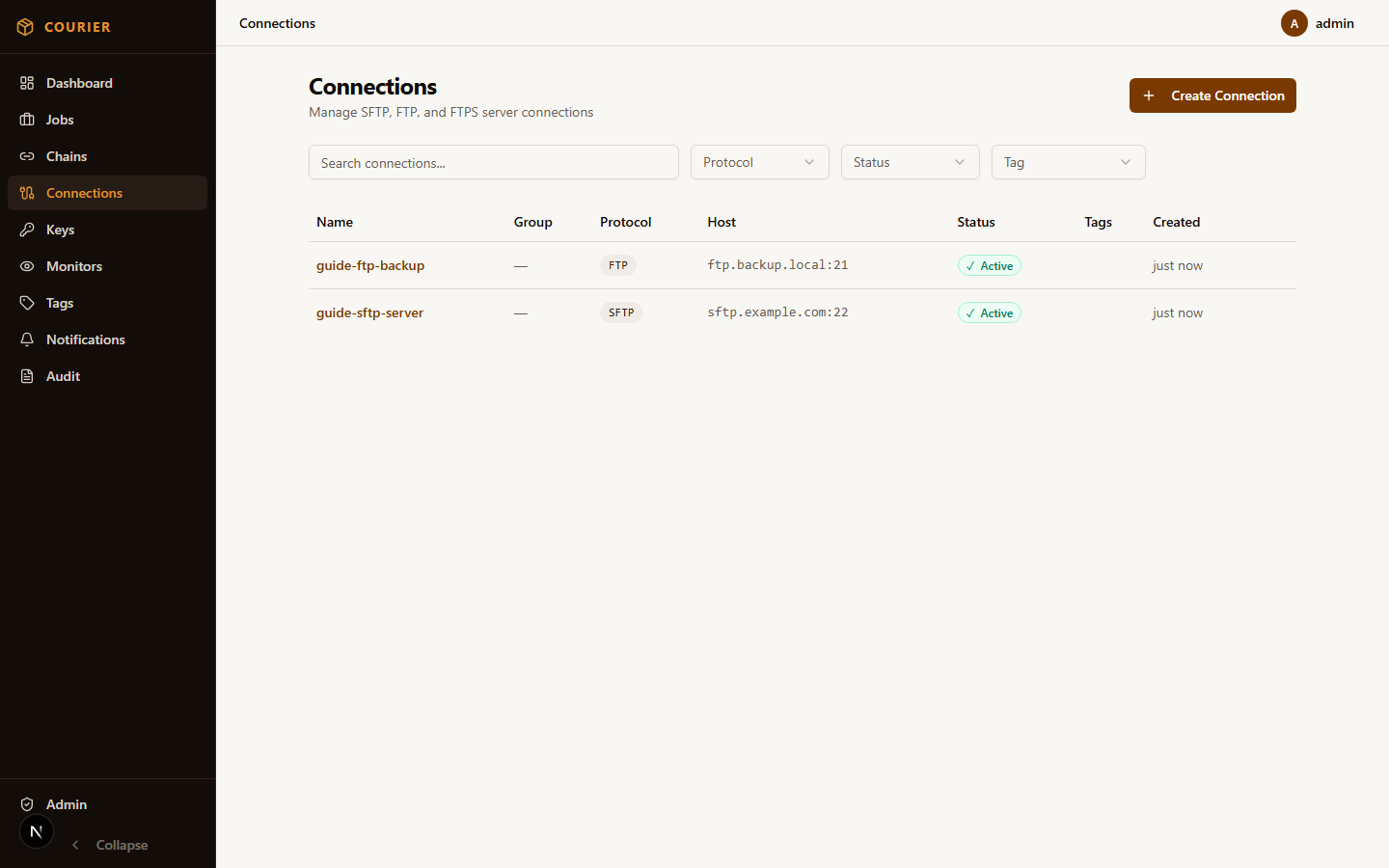 Connections list showing SFTP, FTP, and local filesystem connections