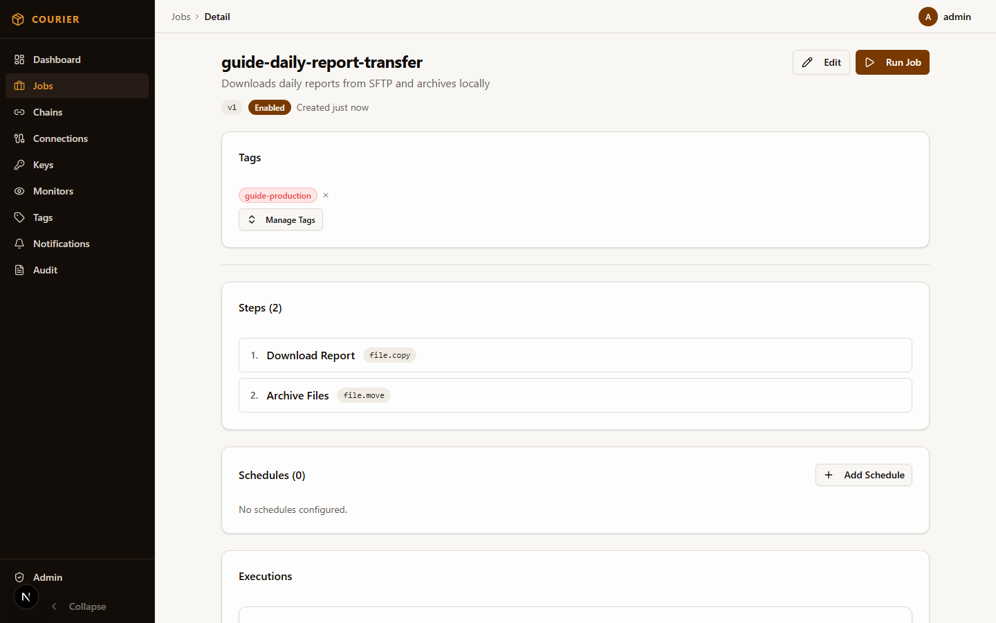 Job pipeline builder showing multi-step configuration with SFTP, PGP, and file operations