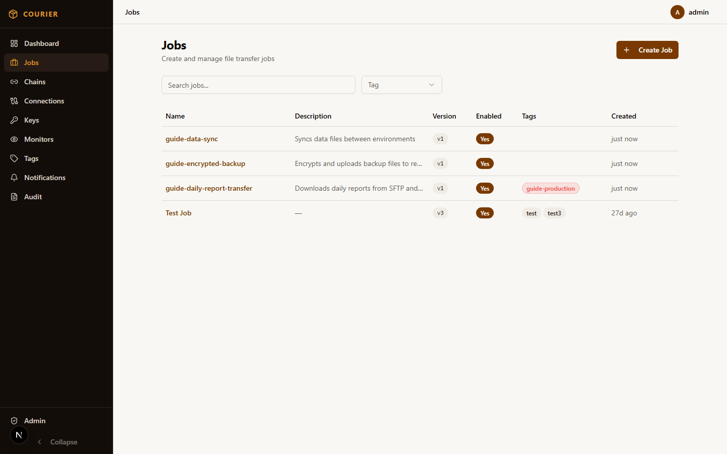 Jobs list view showing all configured file transfer jobs with status