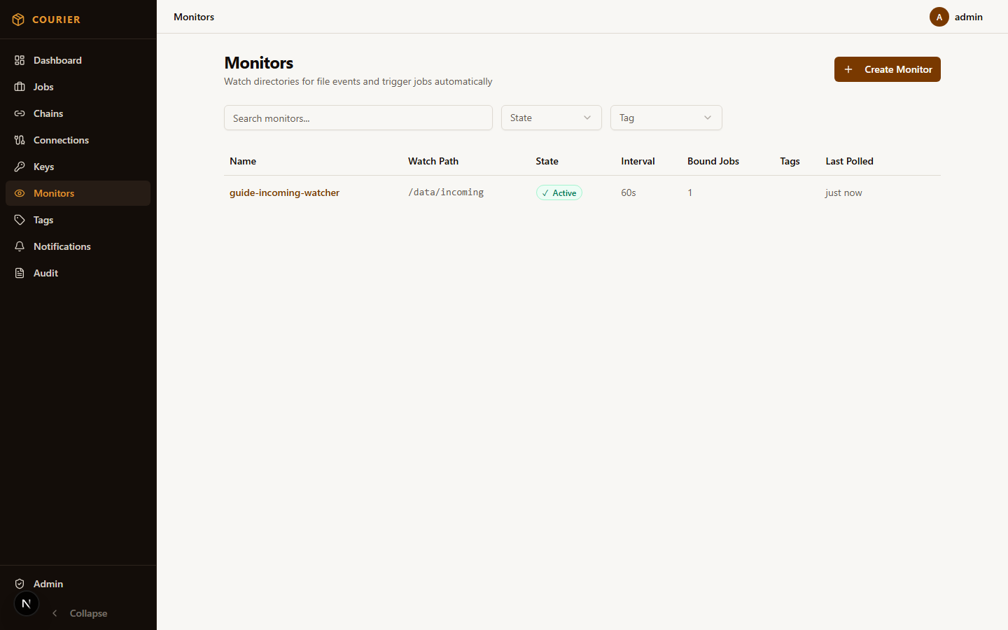 File monitors list showing directory watch configurations and status