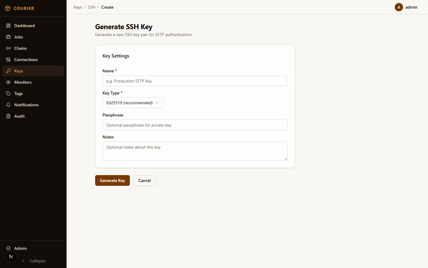 SSH key generation wizard with key type and size options