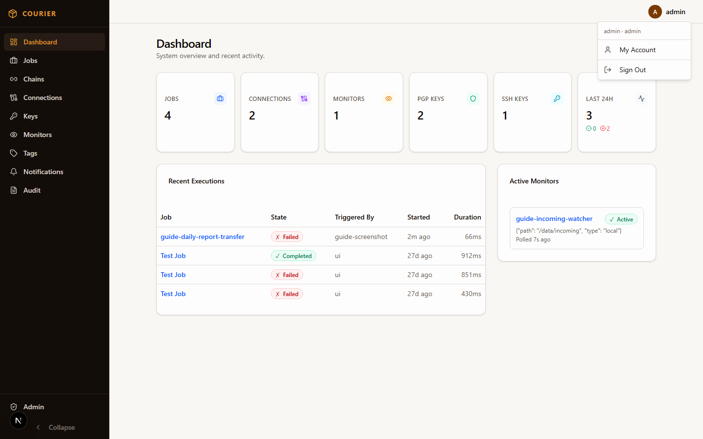 User menu dropdown with account settings and logout
